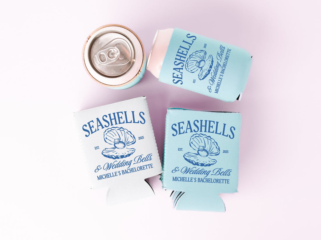 Beach Seashells and Wedding Bells Bachelorette Party Can Coolers - peachy bash com