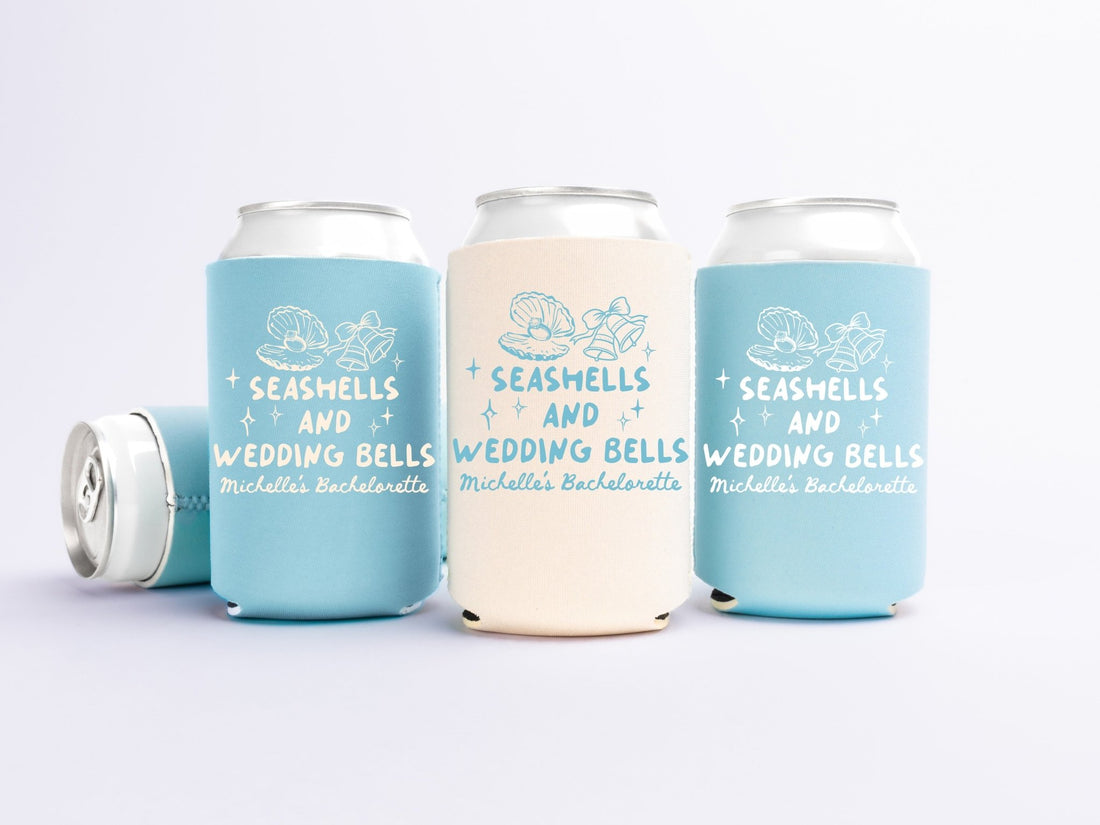 Custom Seashells and Wedding Bells Bachelorette Party Can Coolers - peachy bash com