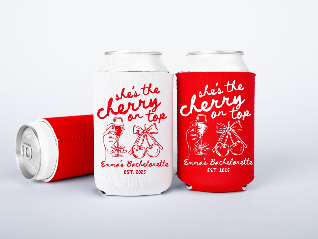 Custom She's The Cherry On Top Bachelorette Party Can Coolers - peachy bash com
