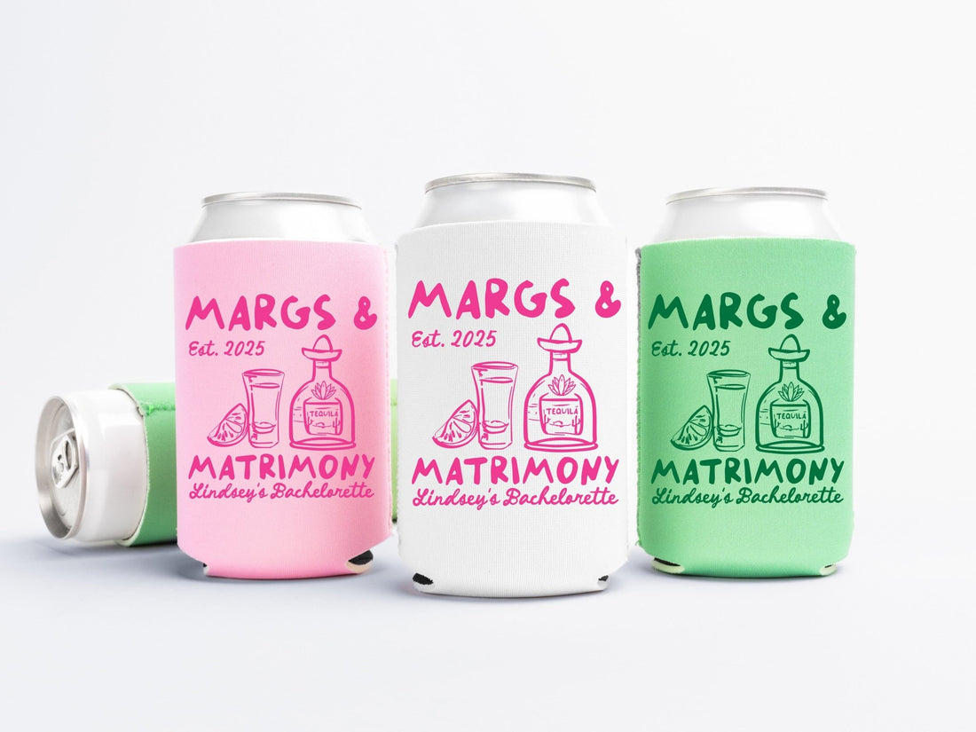 Margs and Matrimony Bachelorette Party Can Coolers - peachy bash com