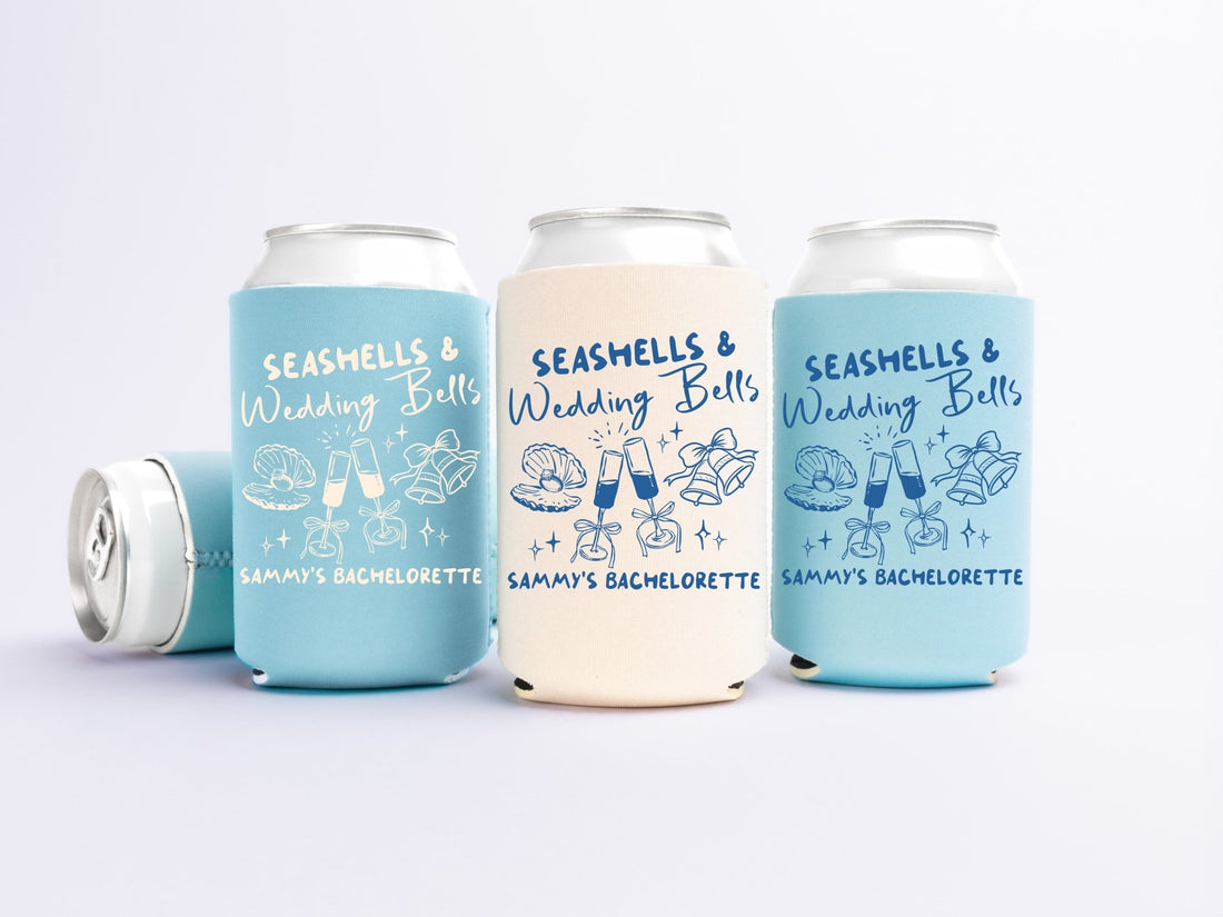 Seashells and Wedding Bells Bachelorette Party Can Coolers - peachy bash com