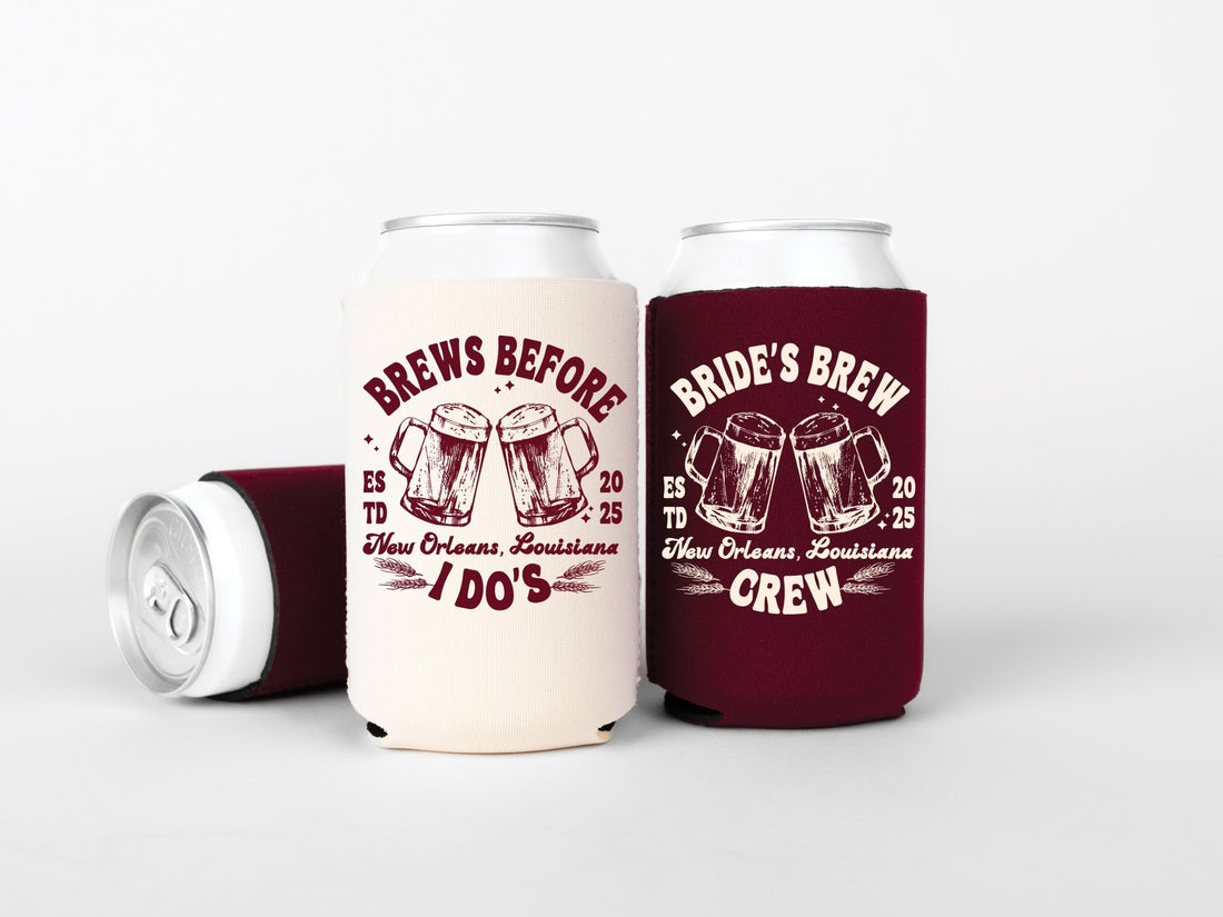Brews Before I Do's & Bride's Brew Crew Bachelorette Party Can Coolers - peachy bash com