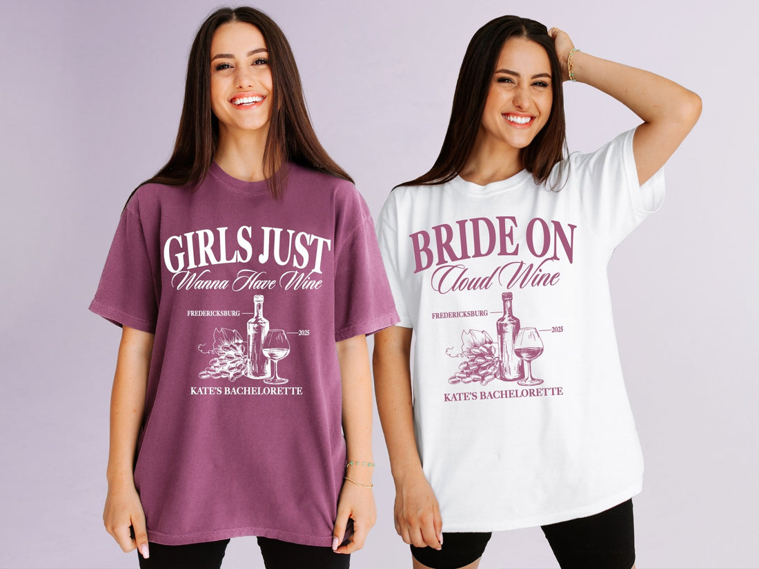 Bride on Cloud Wine & Girls Just Wanna Have Wine Bachelorette Party T-Shirts - peachy bash com