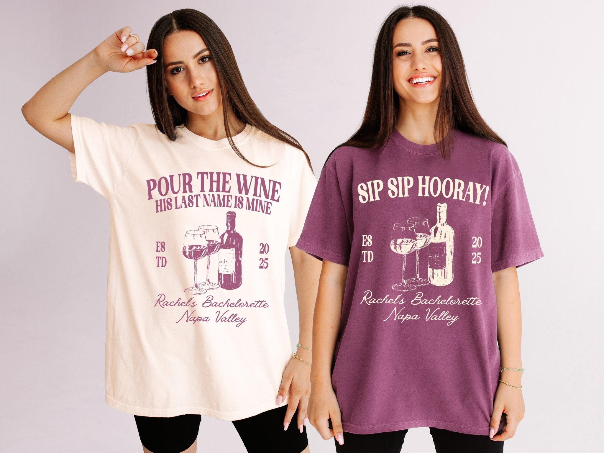 Pour The Wine His Last Name is Mine Bachelorette Party T-Shirts - peachy bash com
