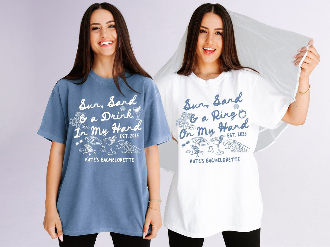 Sun Sand and A Ring On My Hand Bachelorette Party T-Shirts - peachy bash com