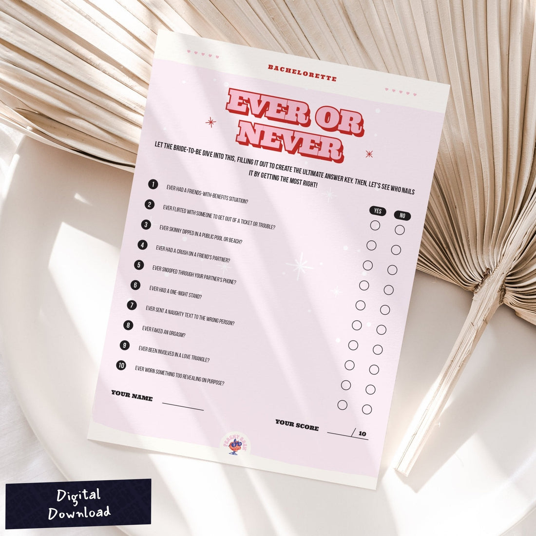 Ever Or Never - Printable Bachelorette Party Game - peachy bash com