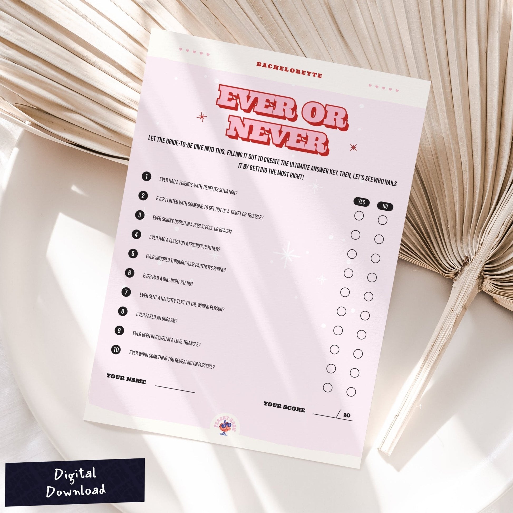 Ever Or Never - Printable Bachelorette Party Game - peachy bash com