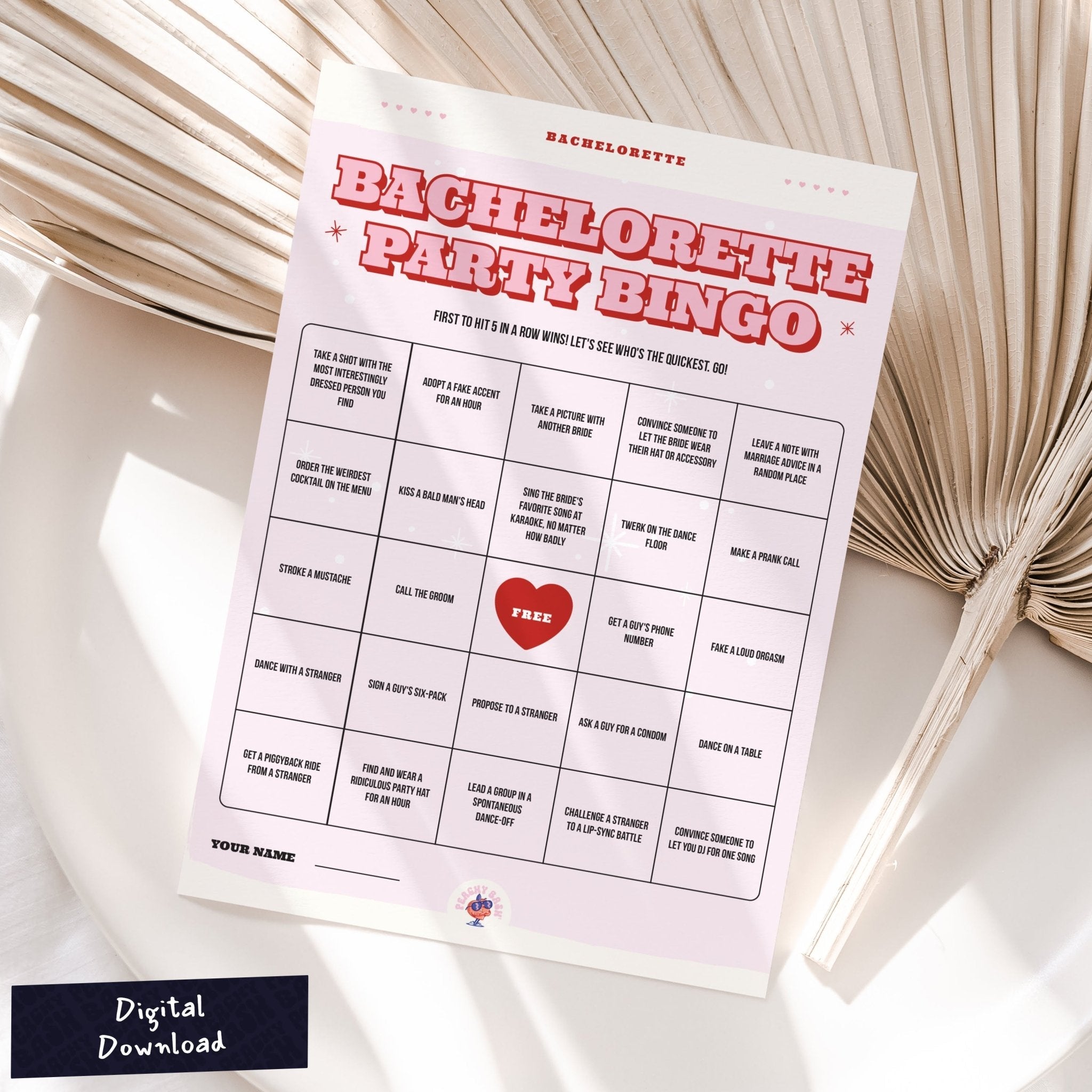 Fun Bingo - Printable Bachelorette Party Game - peachy bash com