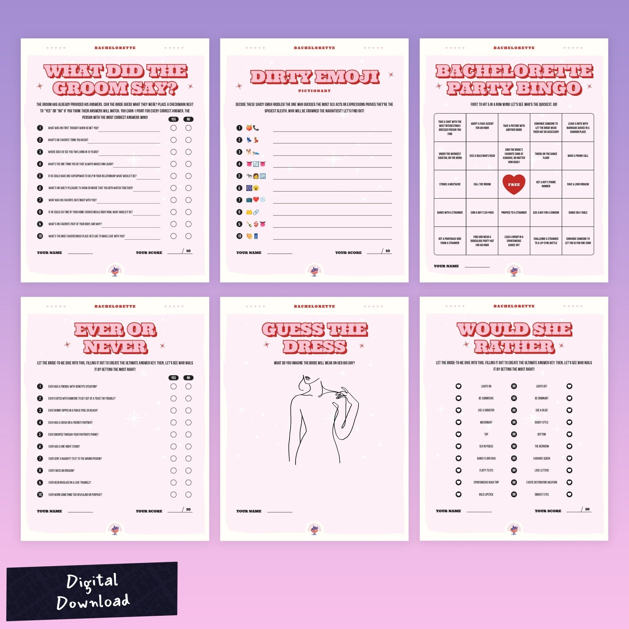 Ultimate Games Bundle - 6 Pack Printable Bachelorette Party Game - peachy bash com