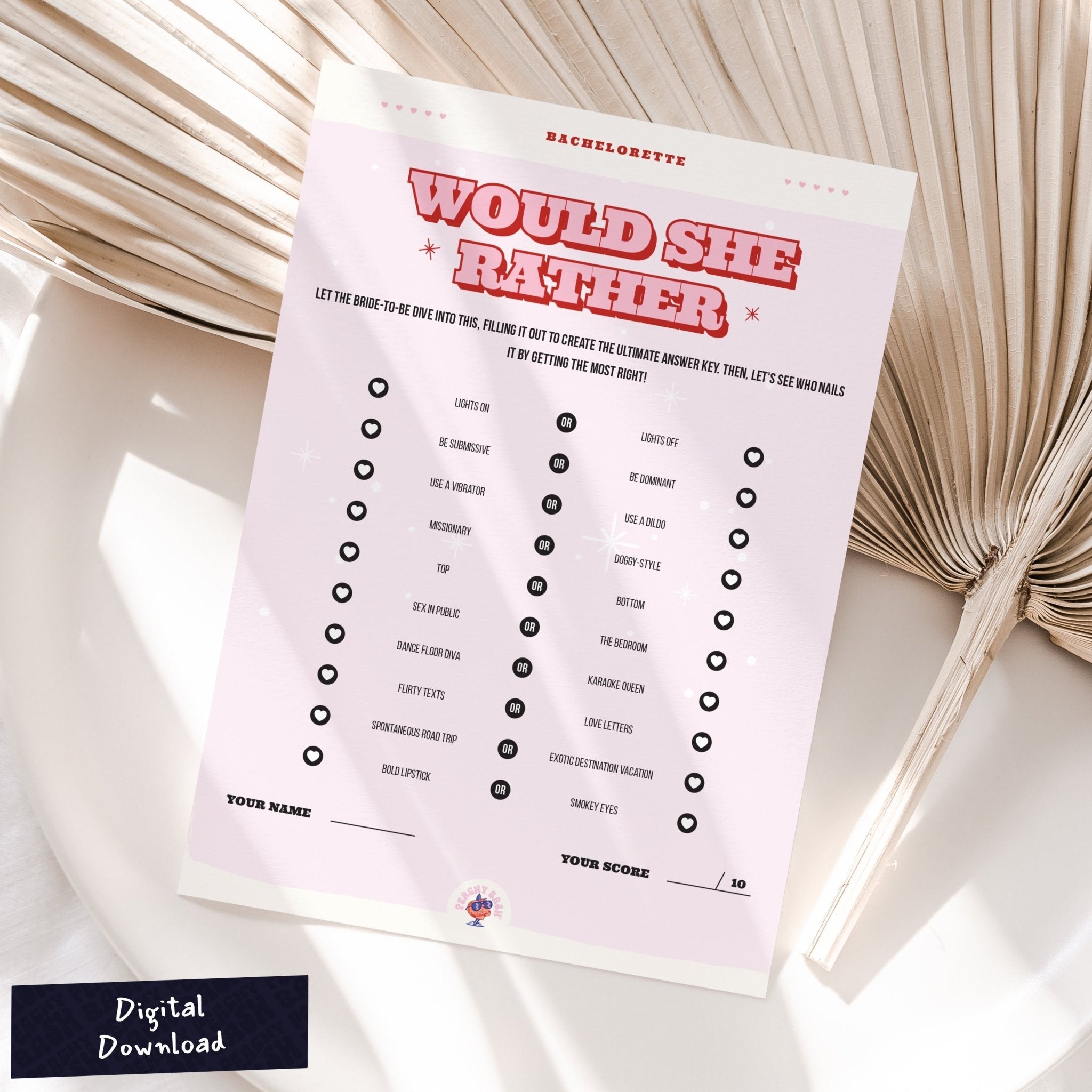 Would She Rather - Printable Bachelorette Party Game - peachy bash com